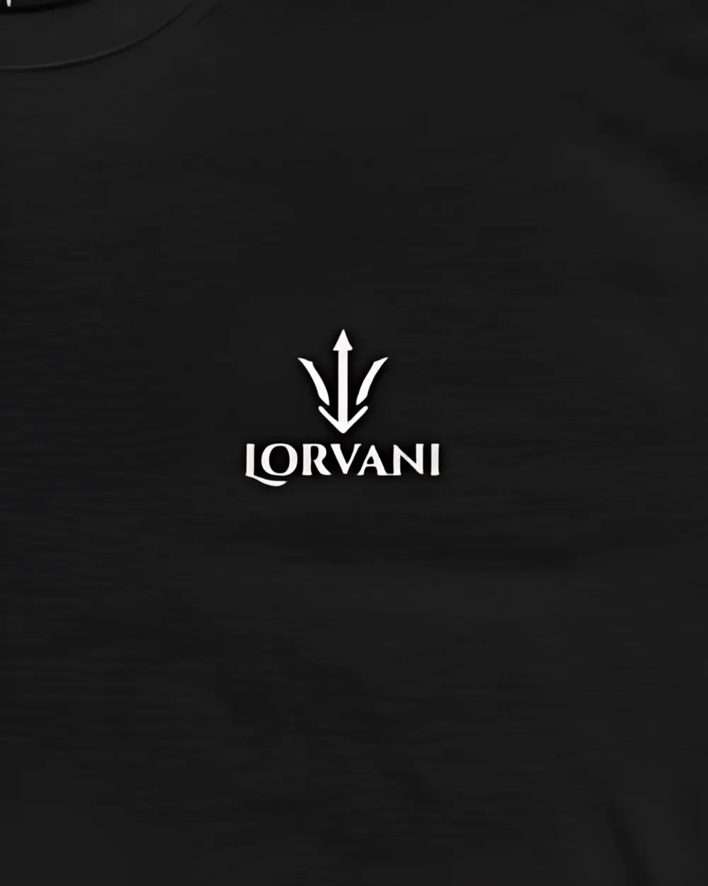 Close-up of the small white Lorvani logo on the black tee