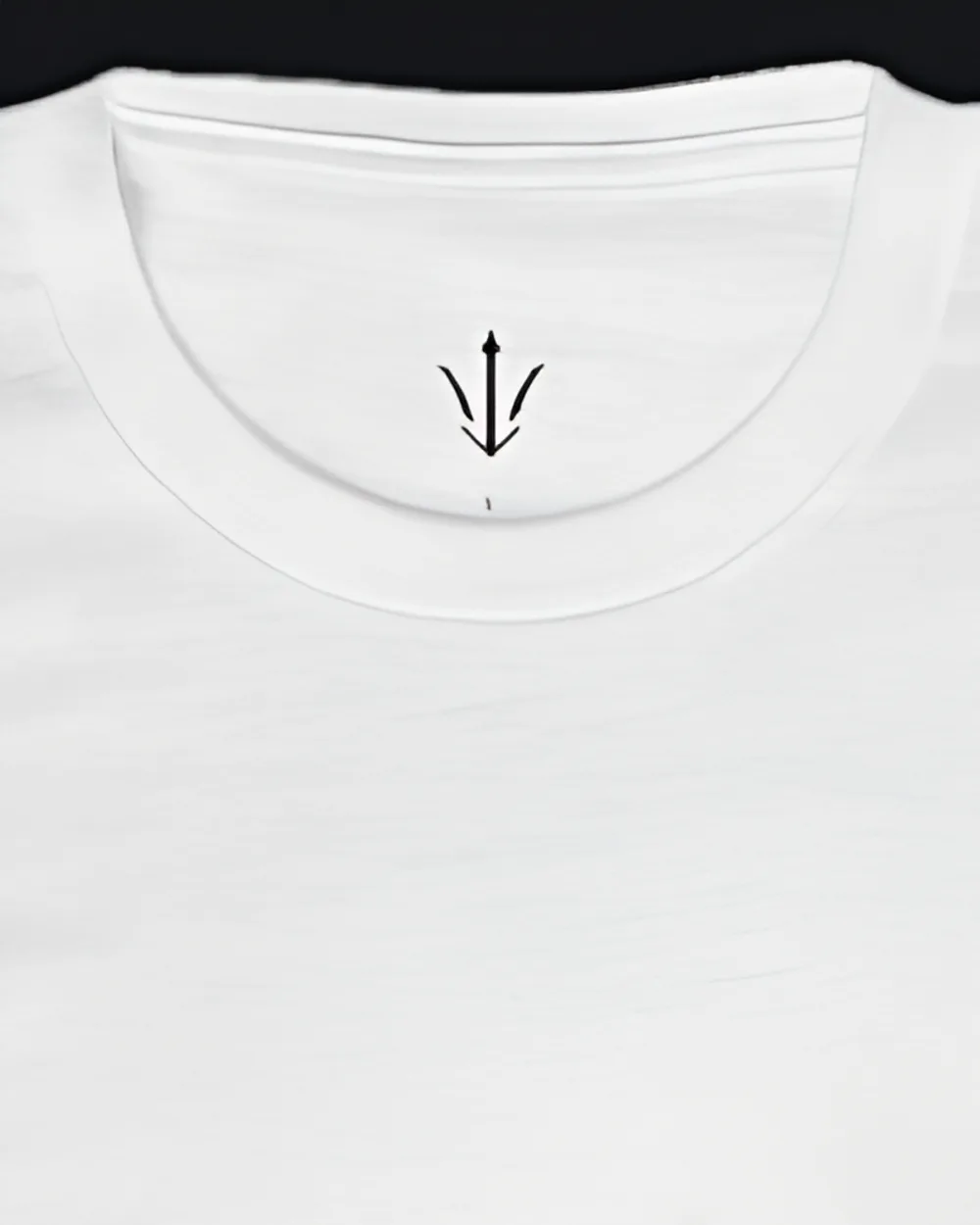 Close-up of the white tee collar and the printed trident neck label