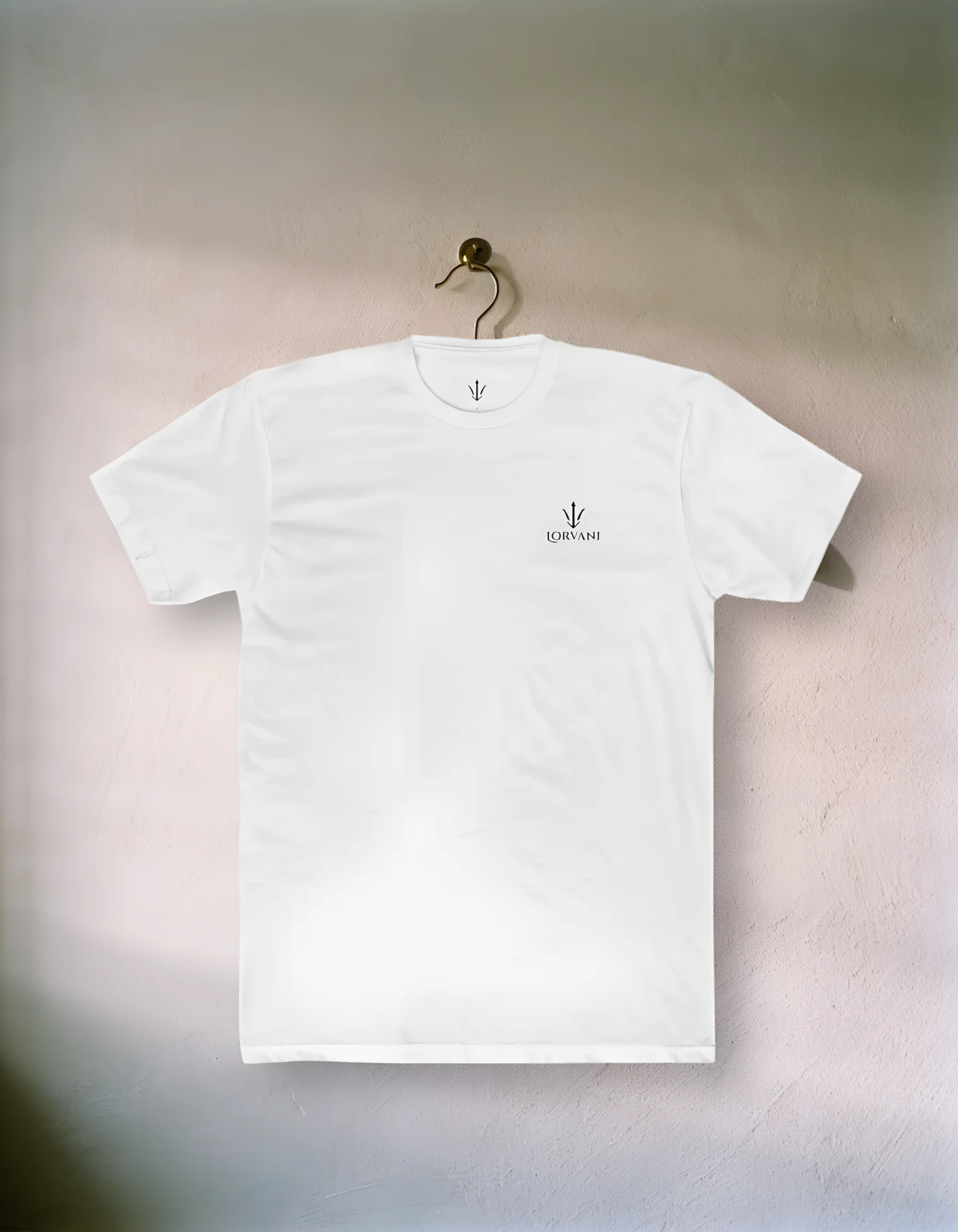 The white tee on a hanger against a plaster wall