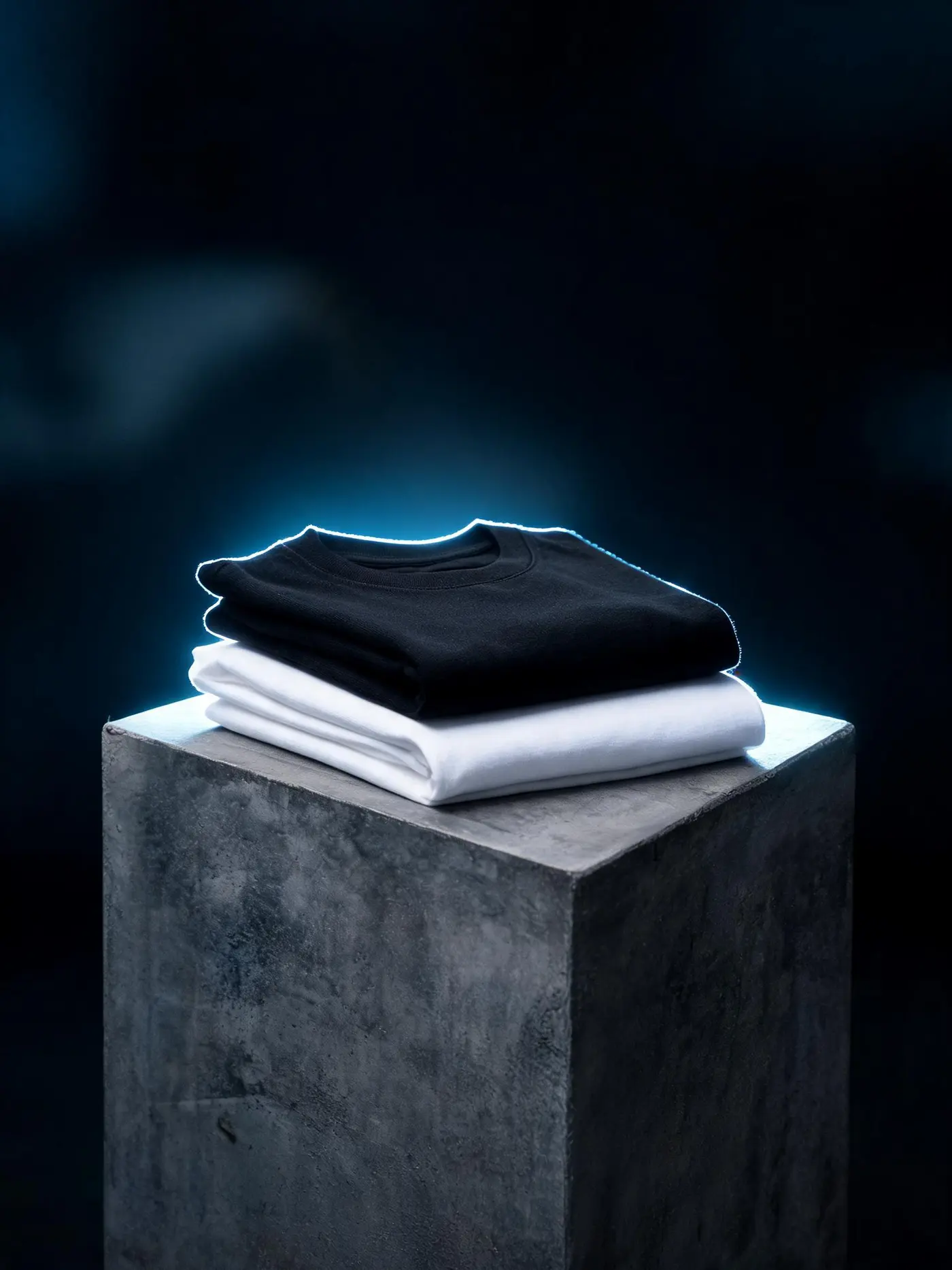 The black and the white tee folded on a stone plinth