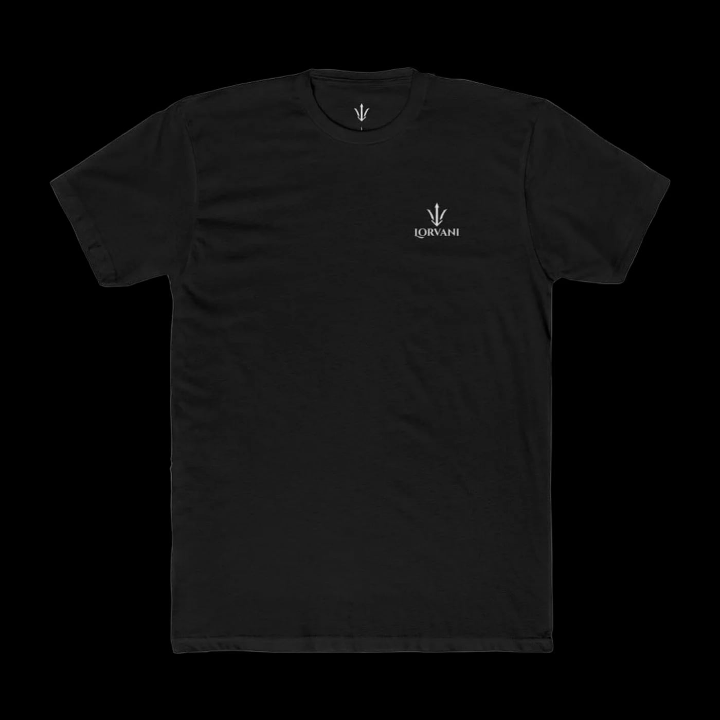 Plain black Lorvani t-shirt, front view, small white Lorvani logo on the left chest