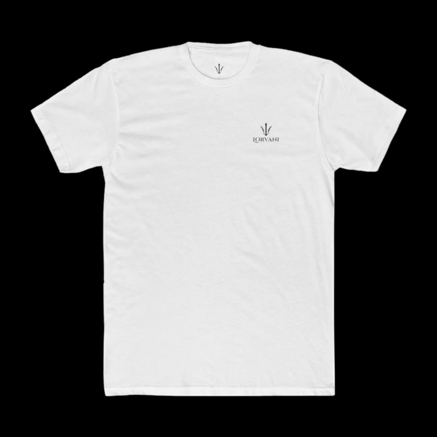 Plain white Lorvani t-shirt, front view, small black Lorvani logo on the left chest