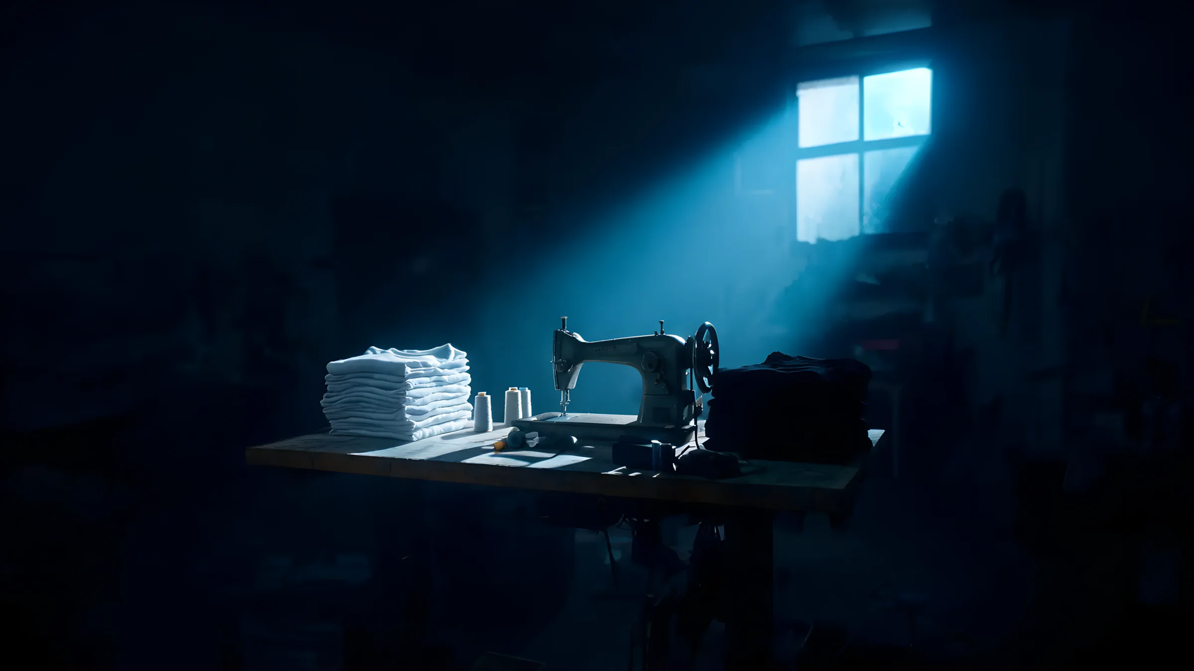 A sewing machine and folded tees in the Lorvani workshop